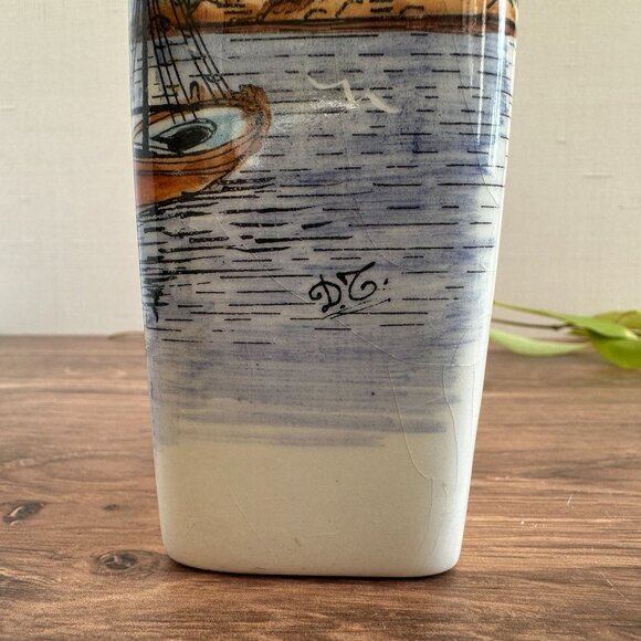 Handmade Ceramic Vase With Coastal & Floral Designs Greece Artist Signed 6" Tall - Picture 6 of 9